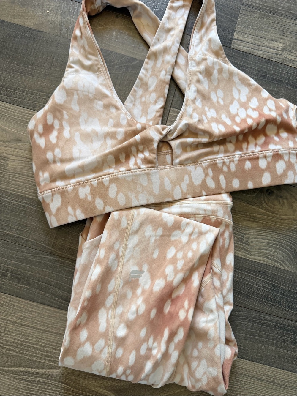 Fabletics Pink & Cream Dotted High-Waist Leggings with Cross-Back Sports Bra Set - Picture 2 of 3
